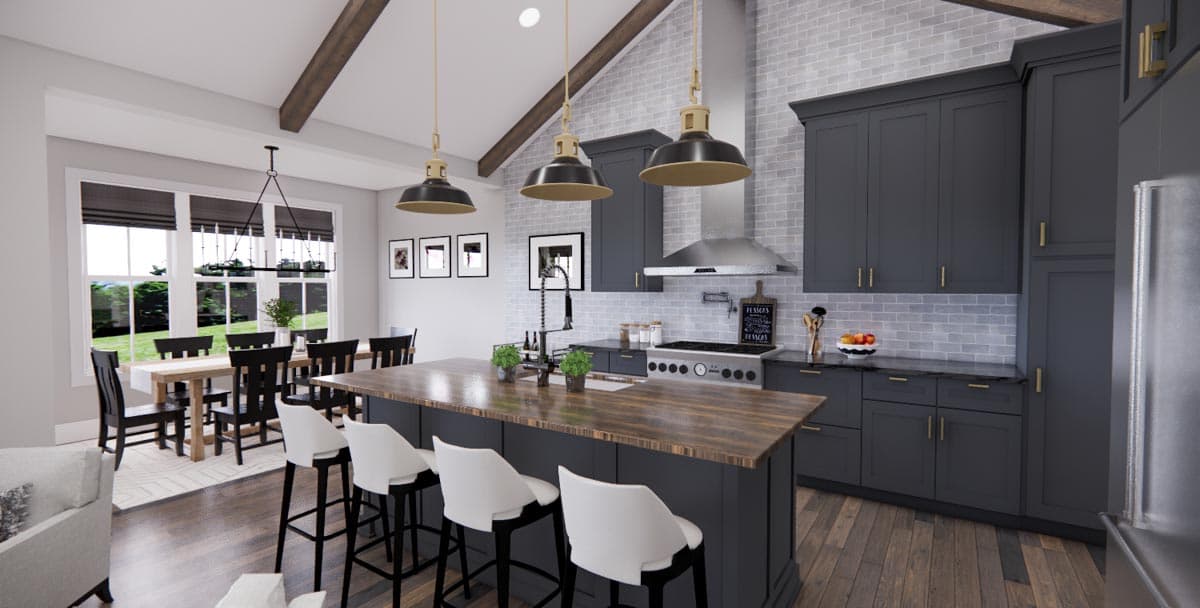 Interior rendering of a kitchen with a vaulted ceiling, wood beams, island, and dining area.