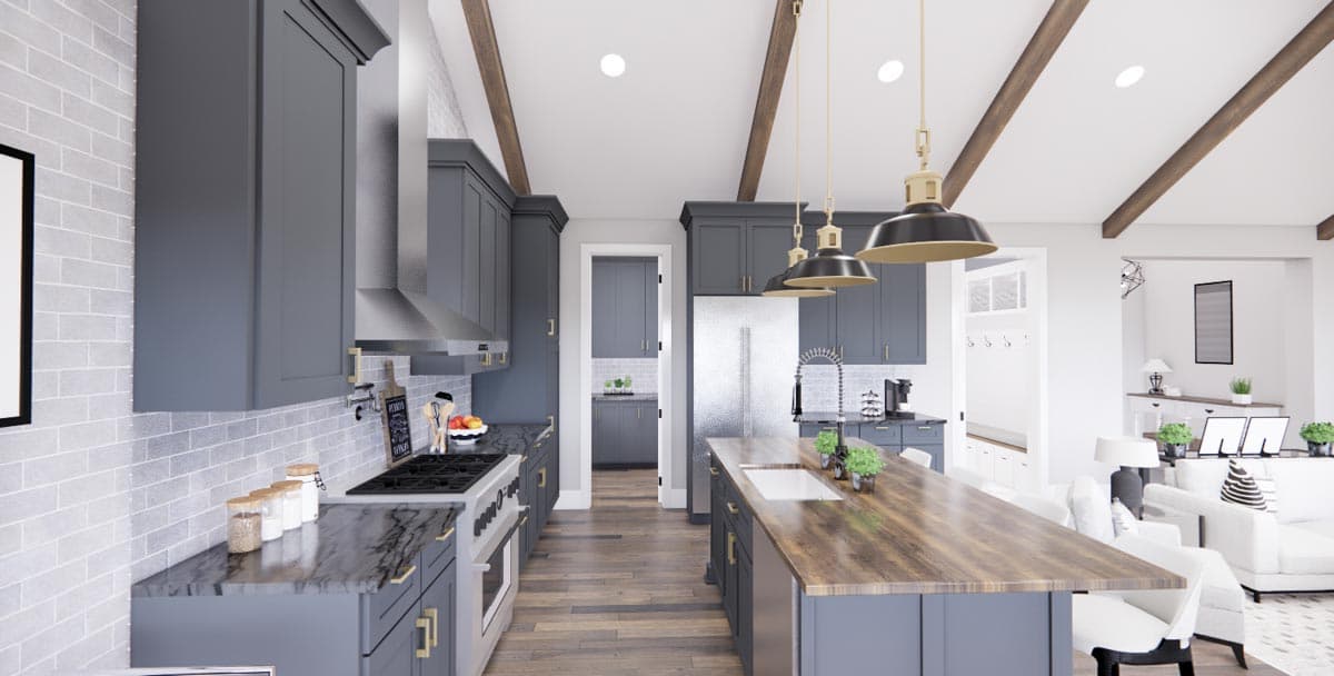 Interior rendering of a kitchen with dark gray cabinets, a large island with a sink, and vaulted ceilings with exposed beams.