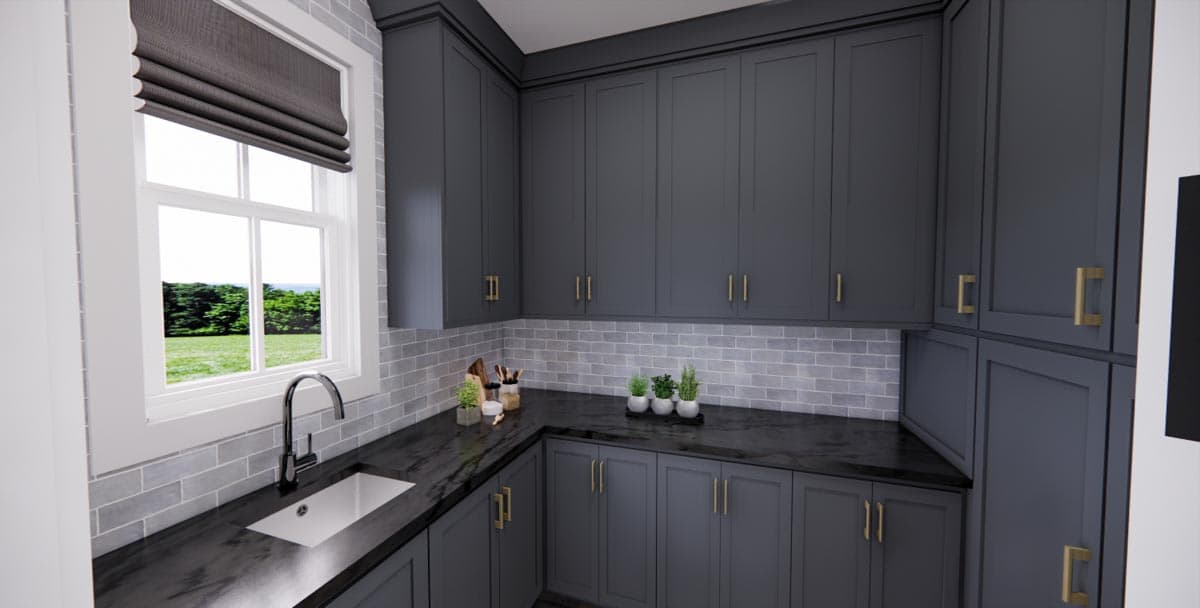 Interior rendering of a laundry room with dark gray cabinets, subway tile backsplash, black countertop, sink, and window.