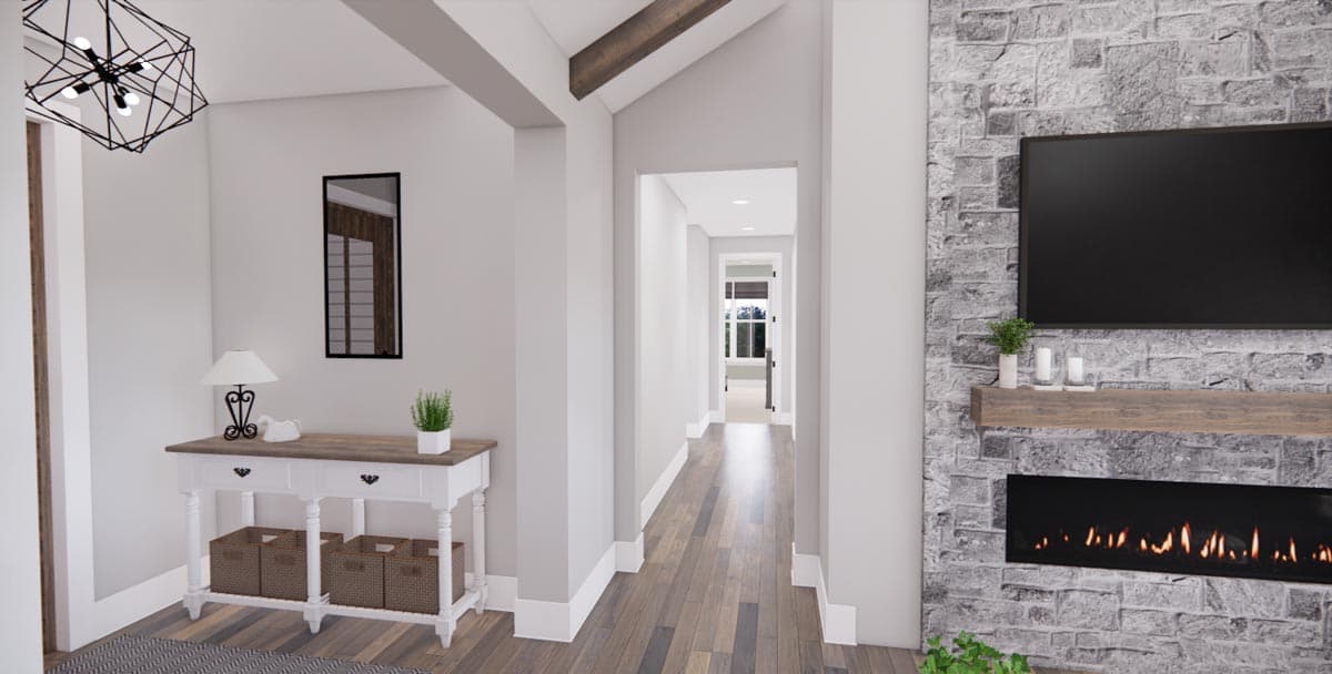 Interior rendering showing a hallway with wood floors, a console table, and a stone fireplace with a television above.