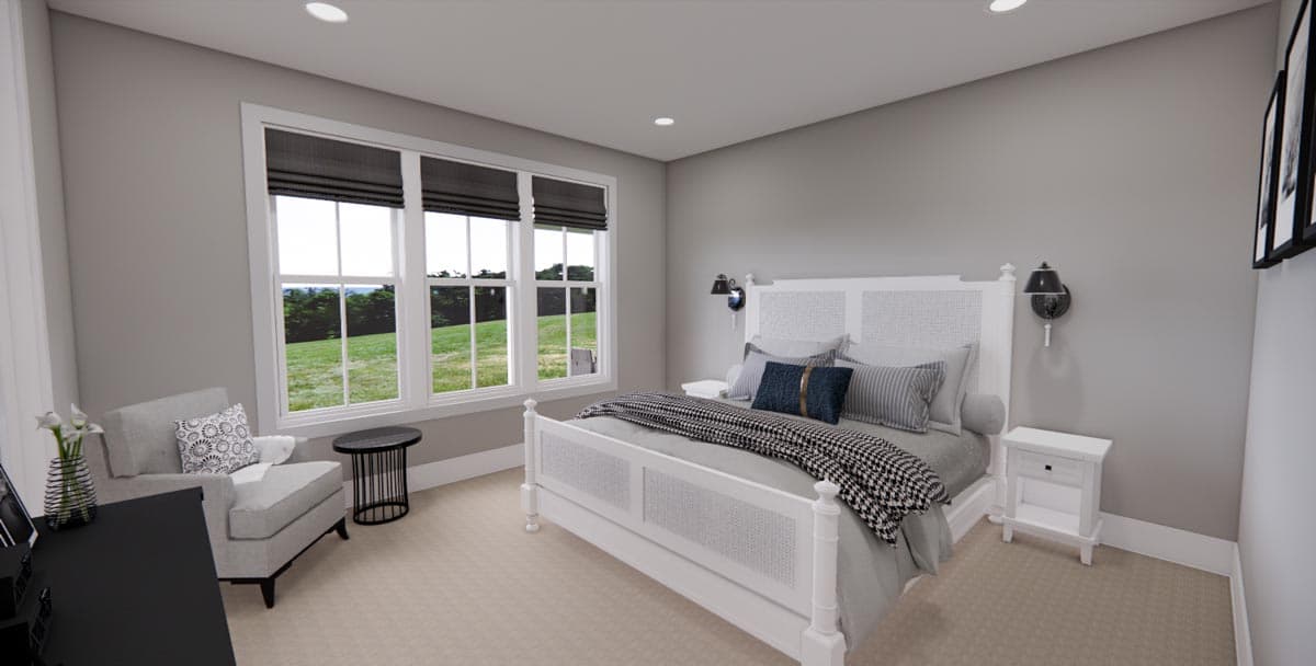 Interior rendering of a bedroom featuring a white bed with cane paneling, large windows, and a grey armchair.