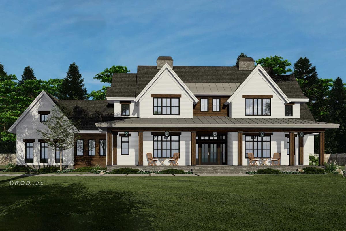 House plan exterior. Two-story Modern Farmhouse with gabled roof, covered front porch, and dormers. Features dark trim and siding accents.