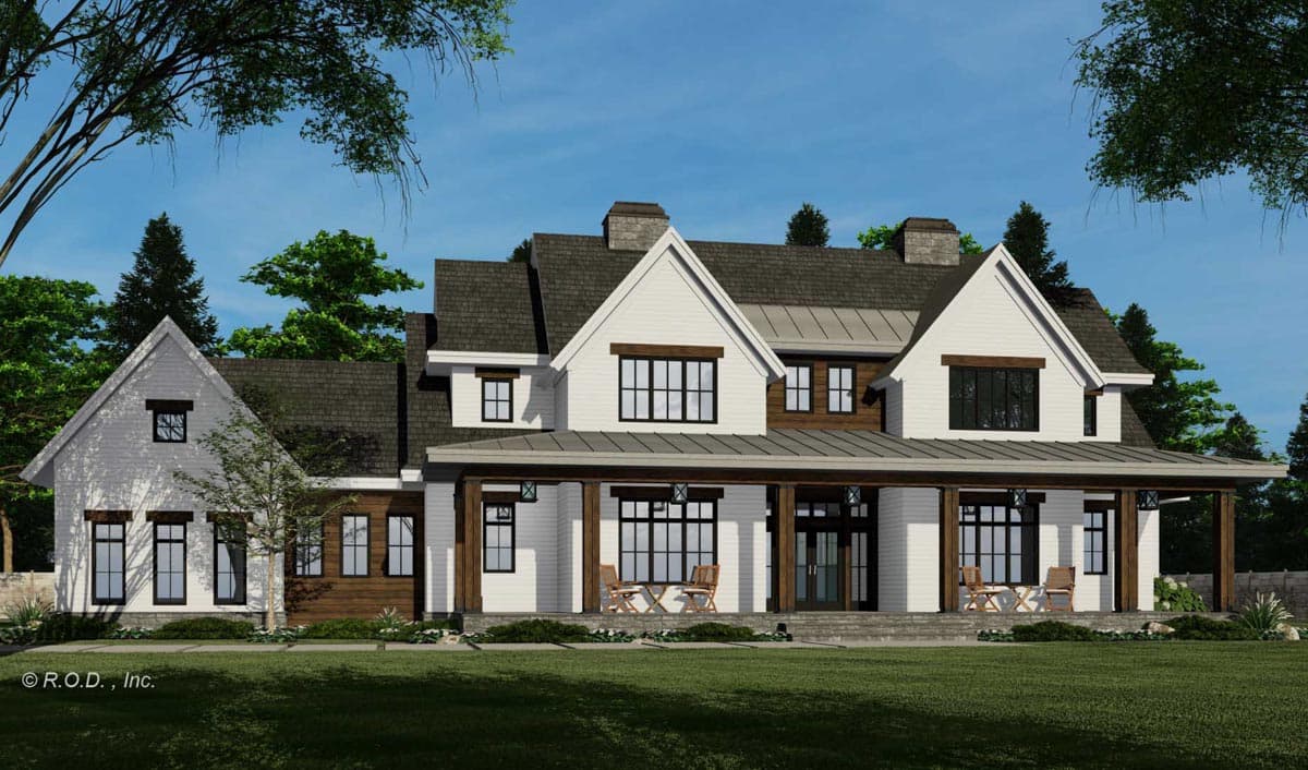 Modern Farmhouse house plan exterior, two stories, wrap-around porch, gables, and stone chimneys.