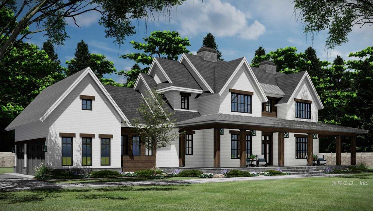 Modern Farmhouse house plan exterior with a wraparound porch, multiple gables, stone accents, and a detached garage.