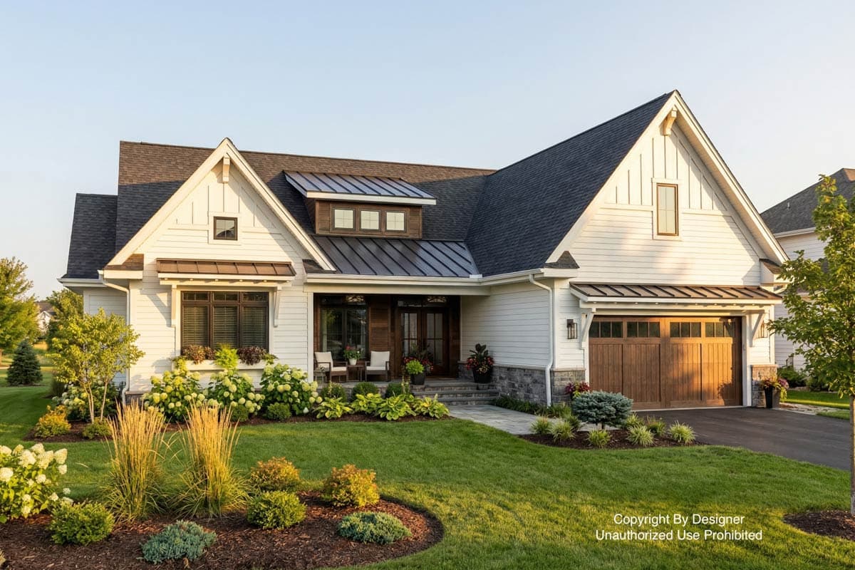 Exterior shot of a modern, white house with a dark roof and wooden garage door, surrounded by well-manicured landscaping and greenery.