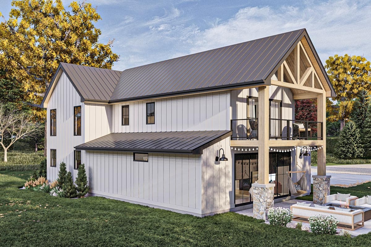 Modern Farmhouse house plan exterior with vertical siding, metal roofs, double-story balcony, and exposed timber framing.