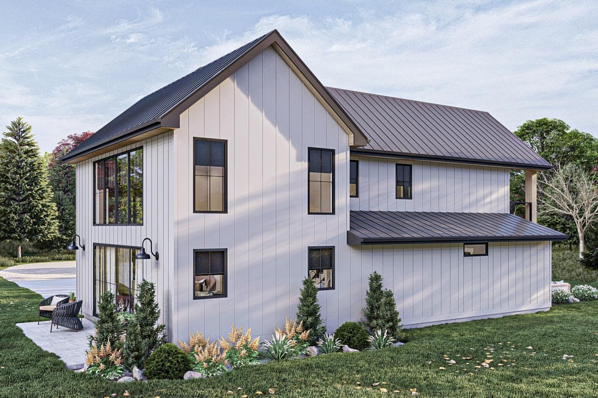Modern Farmhouse house plan exterior, two stories, board-and-batten siding, gabled roof, and large windows.