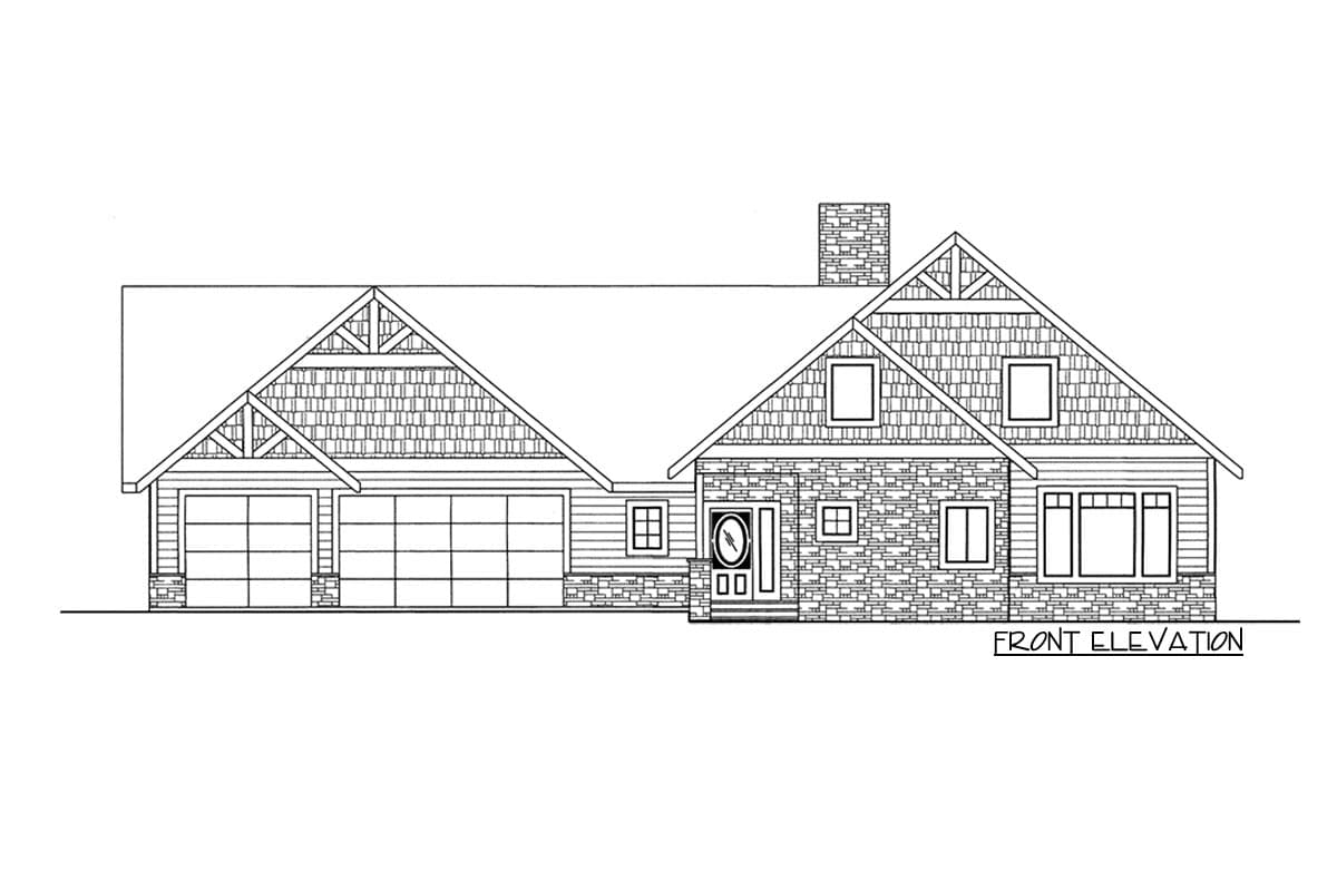 Front elevation drawing of a one-story house with a prominent gable, stone foundation, dual garage doors, and a brick chimney.