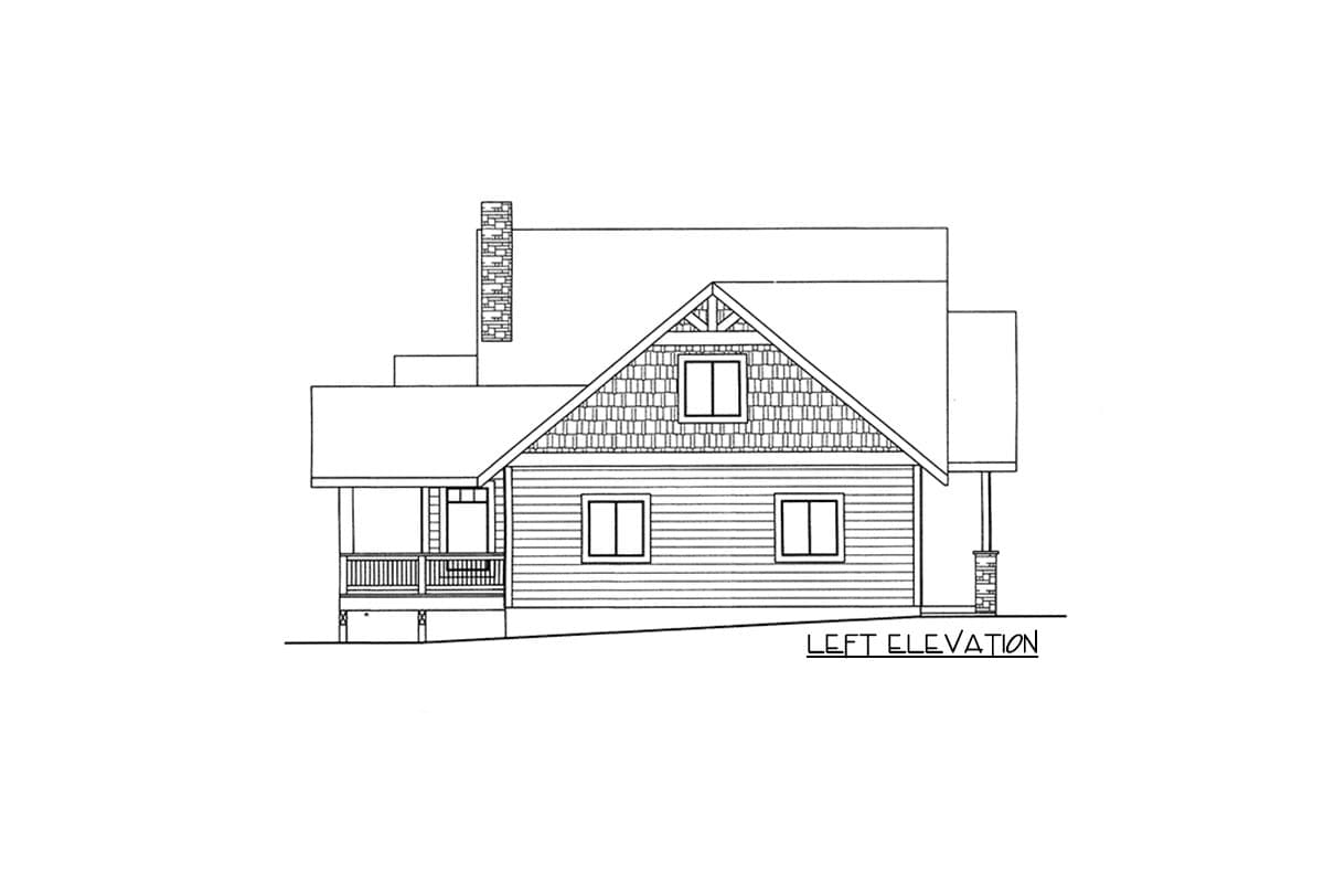 Left elevation of a house plan featuring a covered porch, gabled dormer with shake siding, and a prominent chimney.
