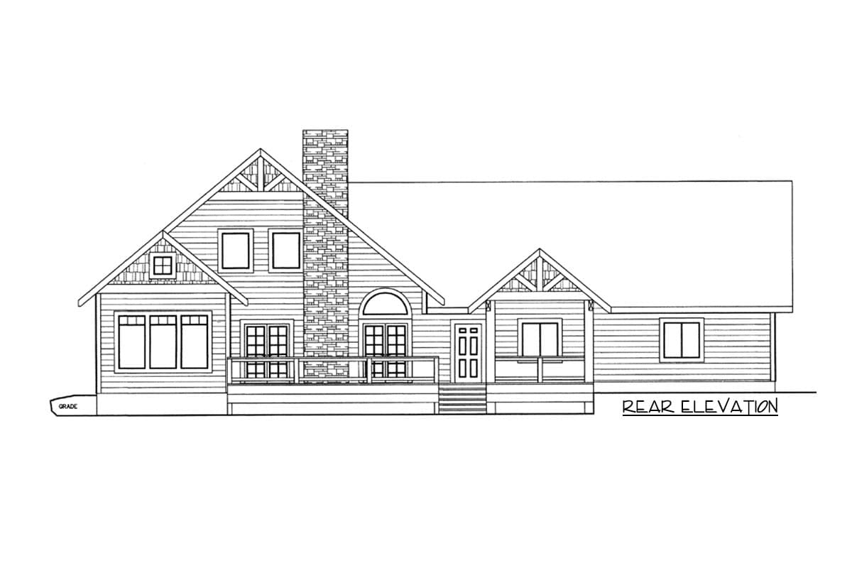 Rear elevation house plan drawing showing gabled dormers, stone chimney, and wraparound porch.