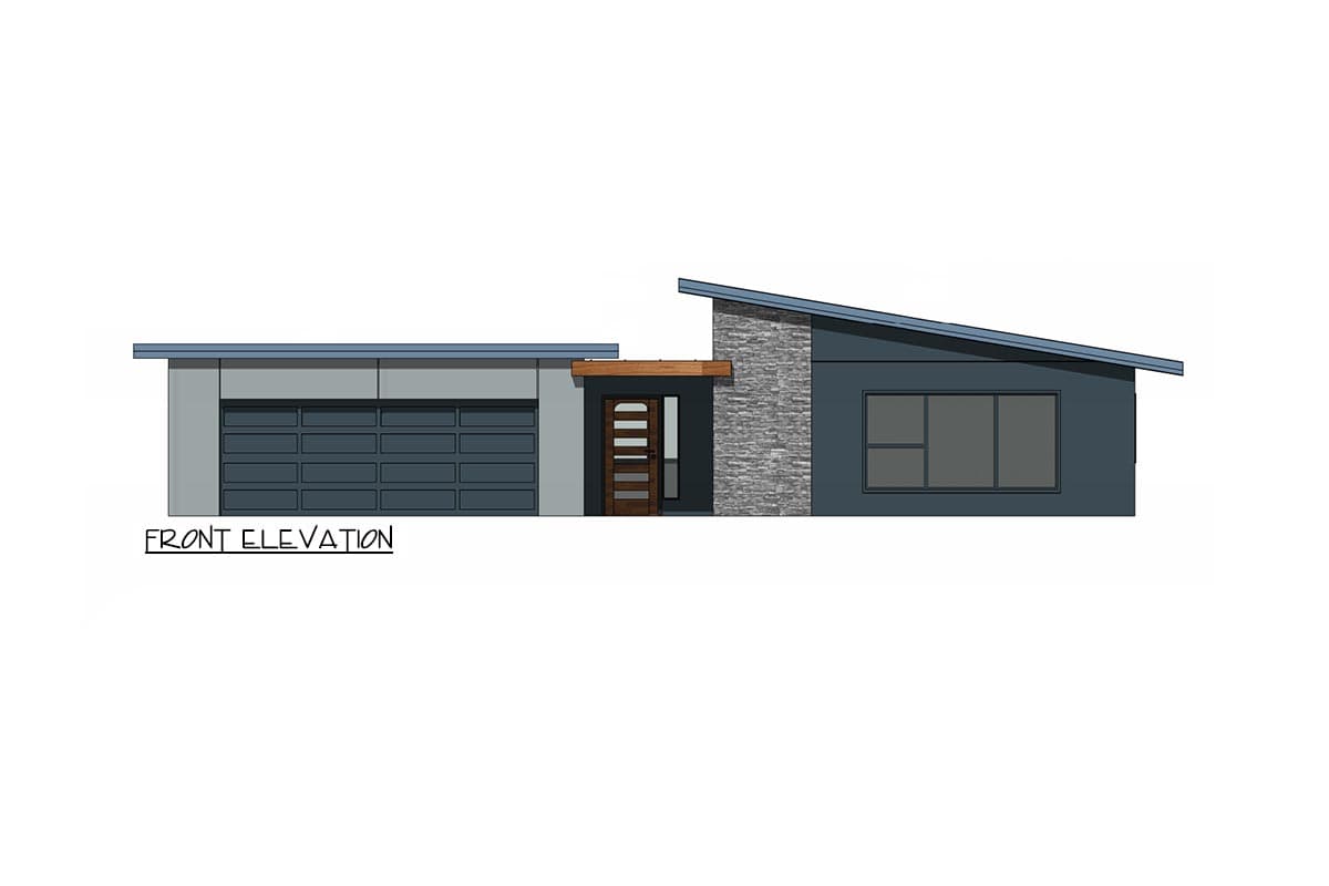 Front elevation drawing of a single-story modern house with a sloped roof, stone accent, garage, and horizontal windows.