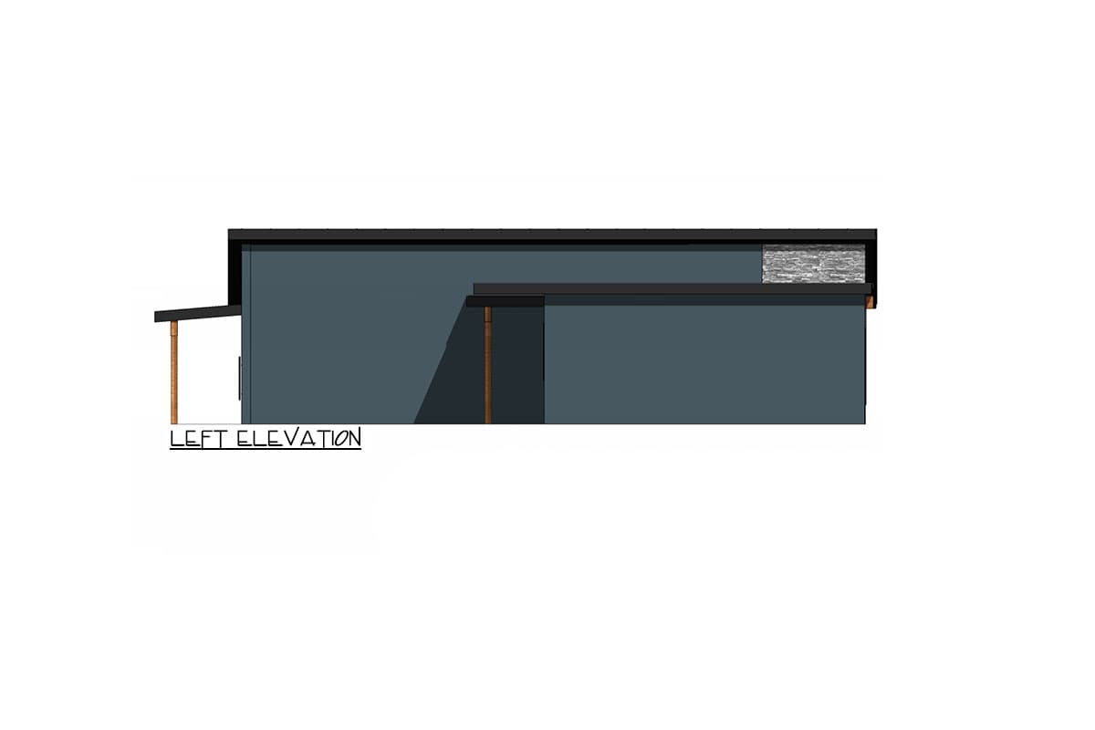 Left elevation of a modern house plan with a flat roof, stone accent, and covered entry with wooden posts.