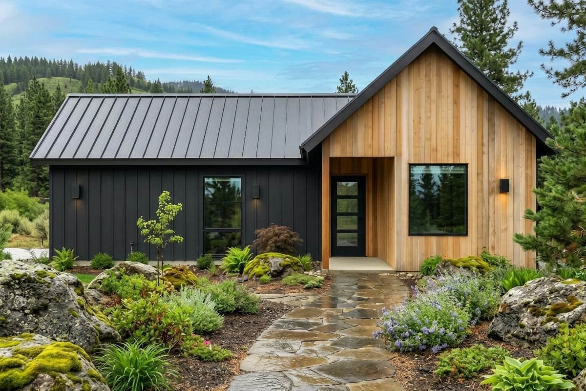 House plan exterior. Modern farmhouse style with a gable roof, wood siding, and board and batten siding. Features a porch and walkway.