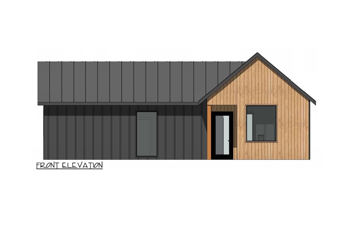 Front elevation of a house plan with a dark metal roof, vertical siding, and wood-paneled gable.