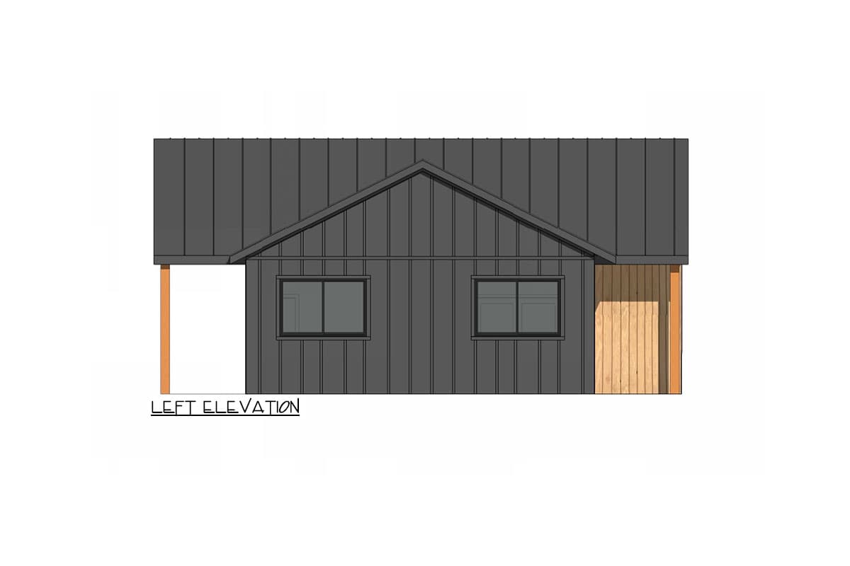 Left elevation house plan shows a dark gray metal roof, vertical siding, and two windows.