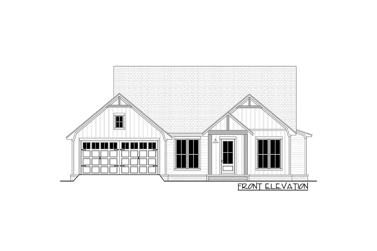 Front elevation house plan featuring a two-car garage, covered entry porch, gabled dormer, and board-and-batten siding.