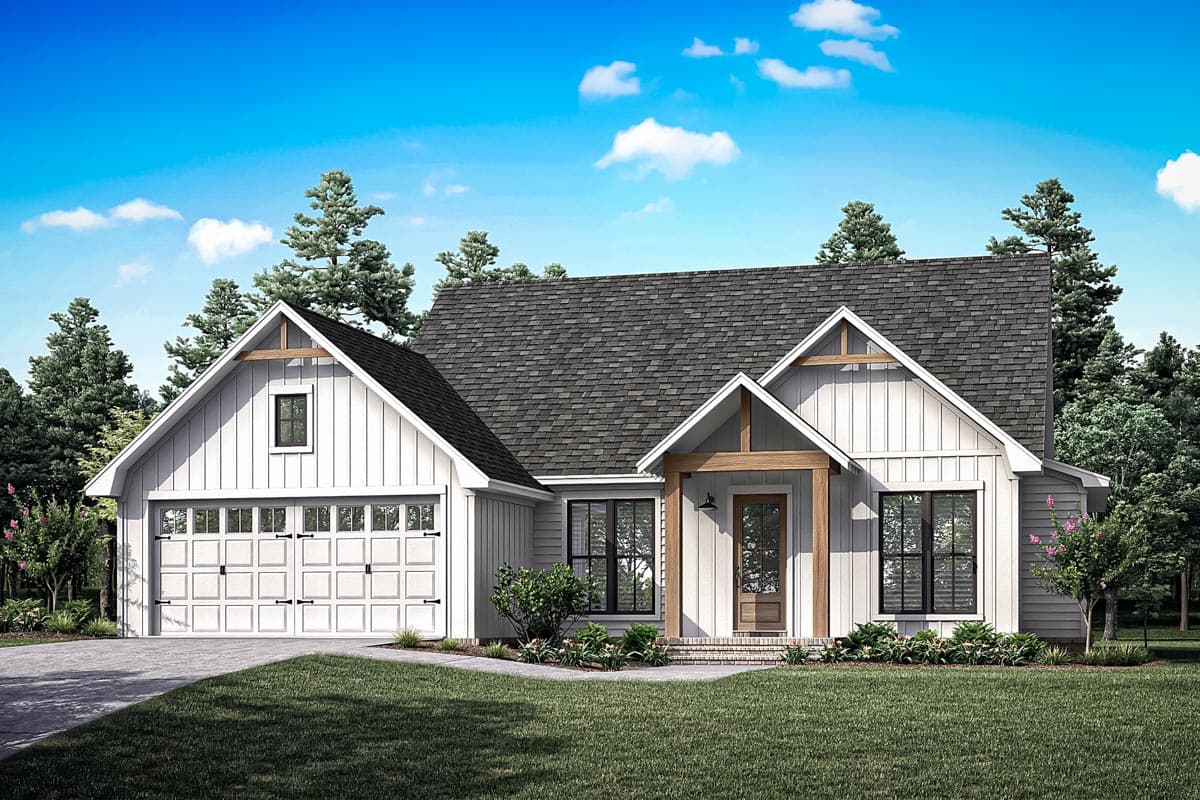House plan exterior. Modern farmhouse style with gabled roof, prominent front porch with wooden supports, and attached garage.