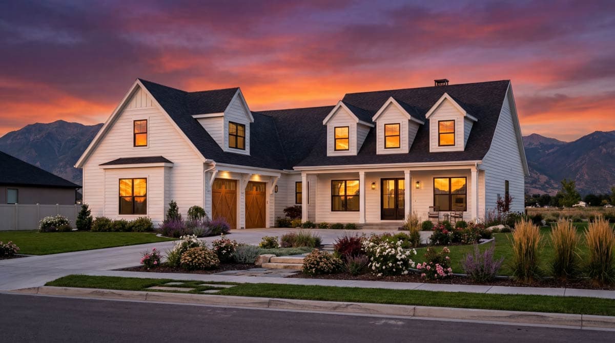 Modern farmhouse house plan exterior with white siding, gables, dormers, and a two-car garage.