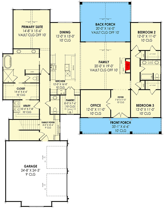Plan 818068JSS: 2511 Square Foot Country Home Plan with Bonus Above Garage - Floor Plan - Main Level - Country, Farmhouse, Traditional