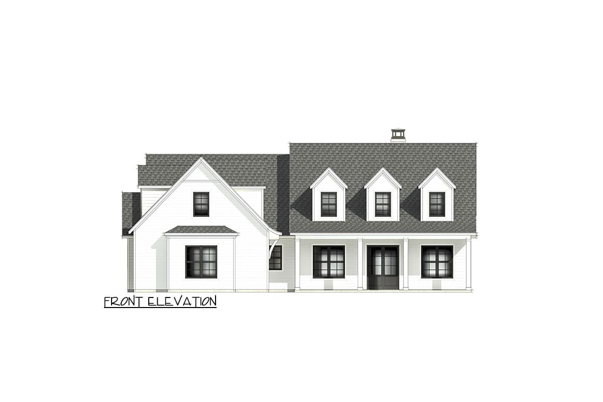 Front elevation of a two-story house plan featuring a prominent gable, dormers, and a covered front porch.