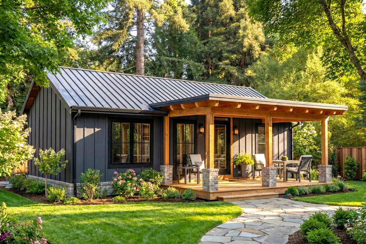 House plan exterior. Modern farmhouse style with board and batten siding, metal roof, and covered porch with exposed timber framing and brick piers.