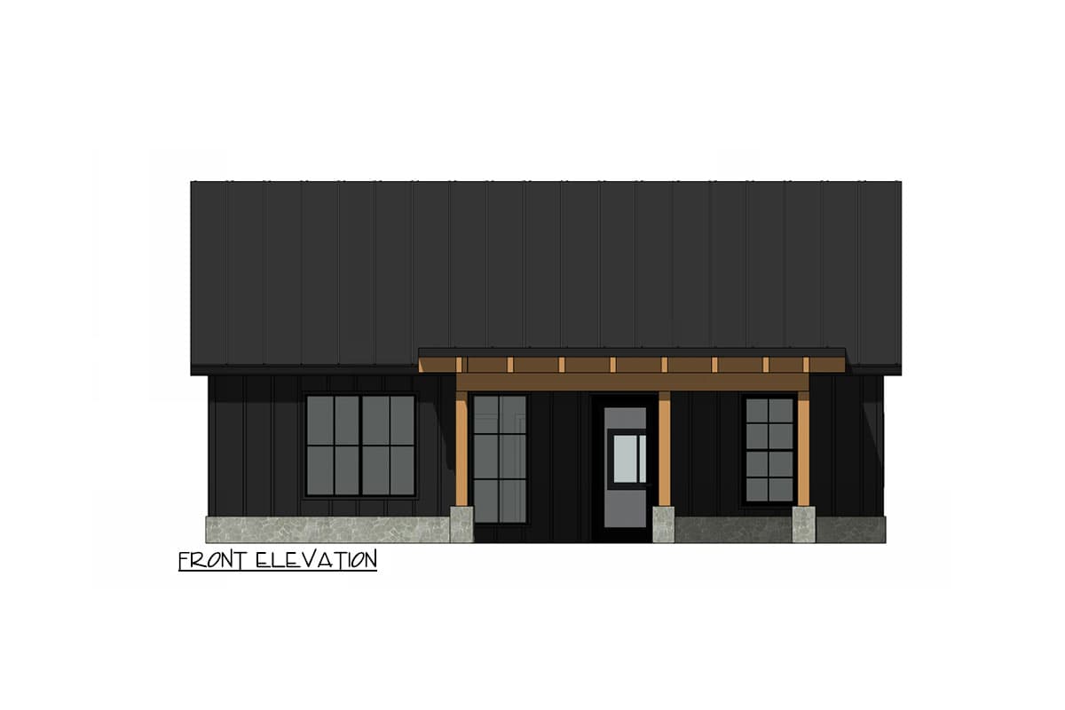 House plan exterior. Front elevation shows a one-story structure with a shed roof and a covered porch supported by columns. Large windows flank the entry door.