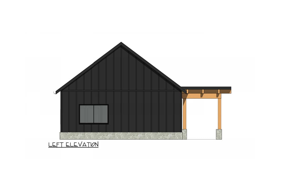 House plan exterior. Features a gabled roof and a covered porch. Black siding with a window, and exposed wood porch support beams.