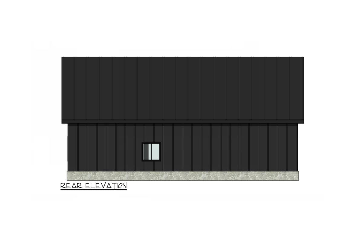 House plan rear elevation. Features include a gable roof, vertically oriented siding, and a single, rectangular window. Base is stone veneer.