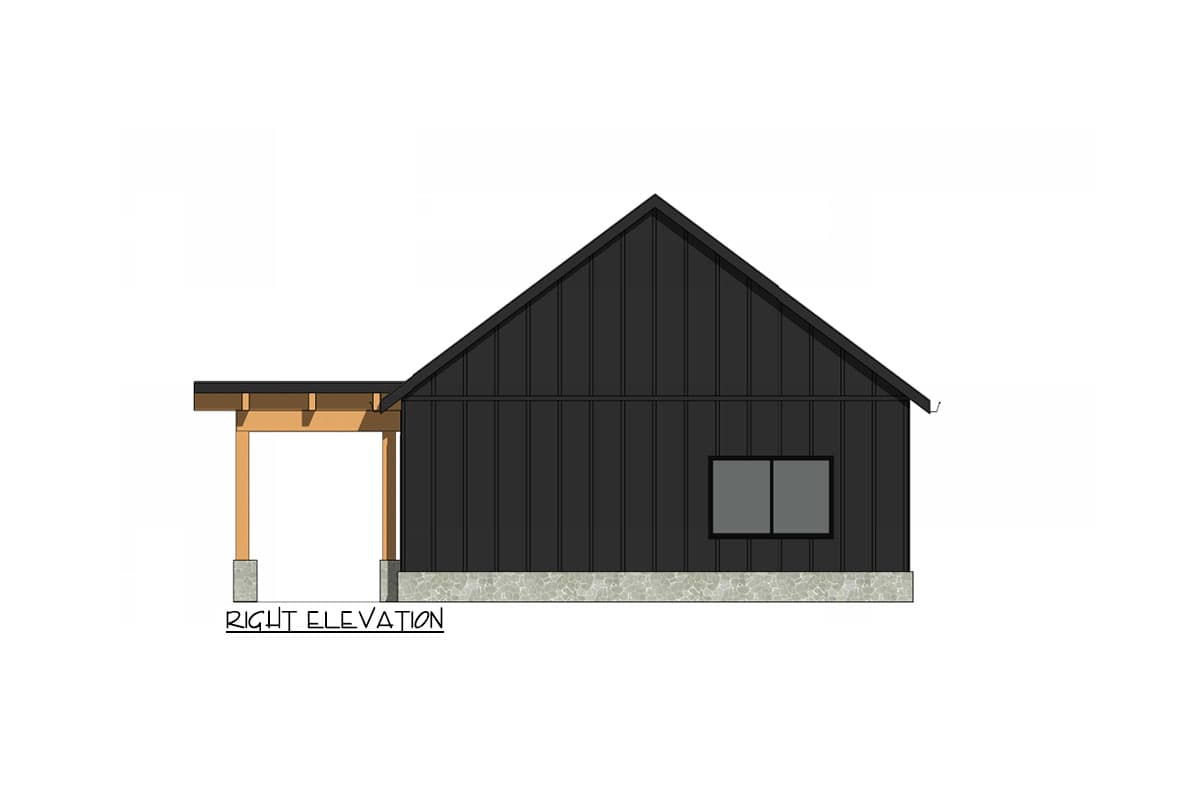 House plan exterior. One-story structure with a gable roof. Features include a covered porch with wooden supports and a rectangular window.
