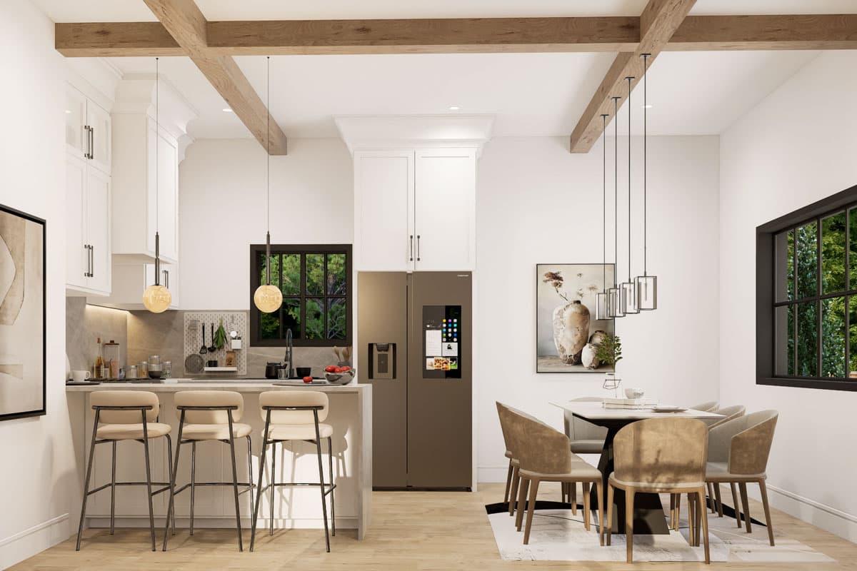 Kitchen interior with breakfast bar and island. Features include pendant lighting, wood beams, and a large refrigerator. Dining area with six chairs.