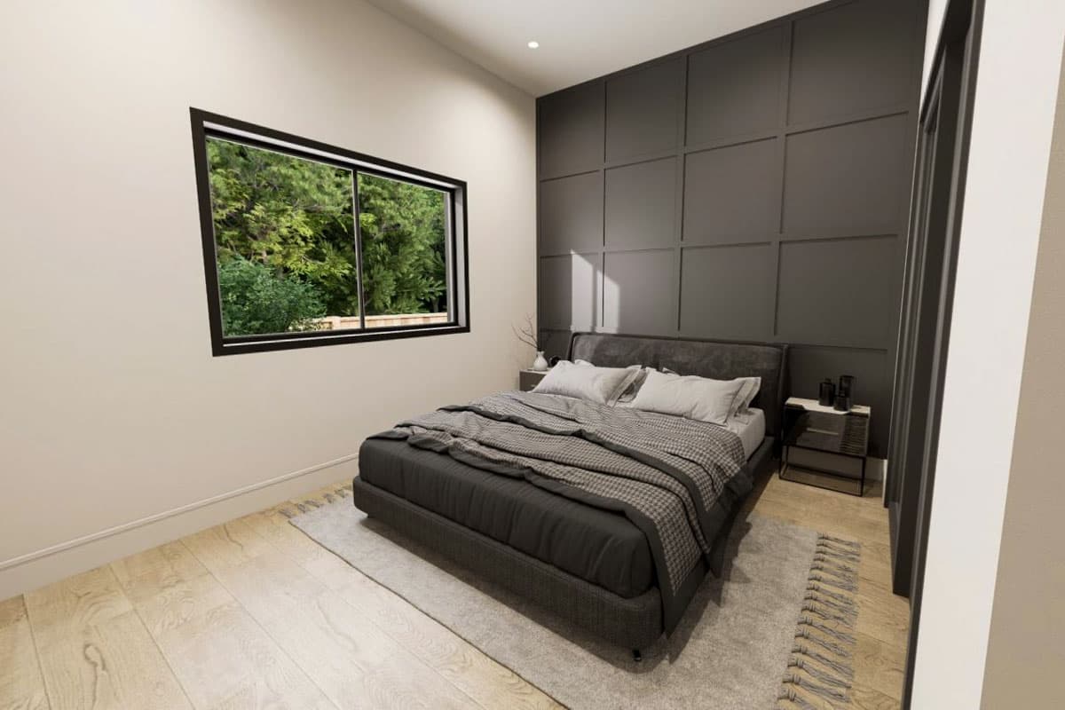 Bedroom rendering with large window, paneled accent wall, and wood flooring. Bed with neutral-toned bedding and nightstand visible.