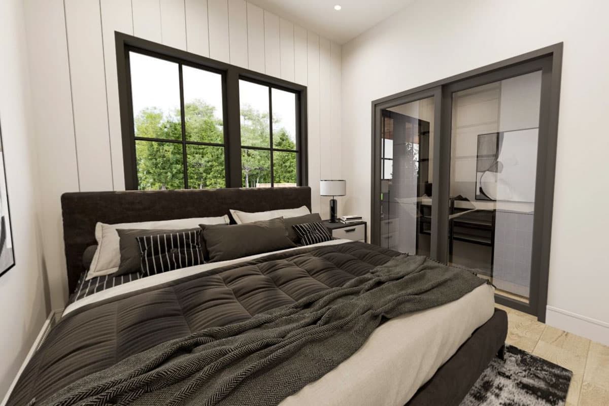 Bedroom rendering with large windows, sliding closet doors, and a neutral color palette. Bed features a dark upholstered headboard and tufted duvet.