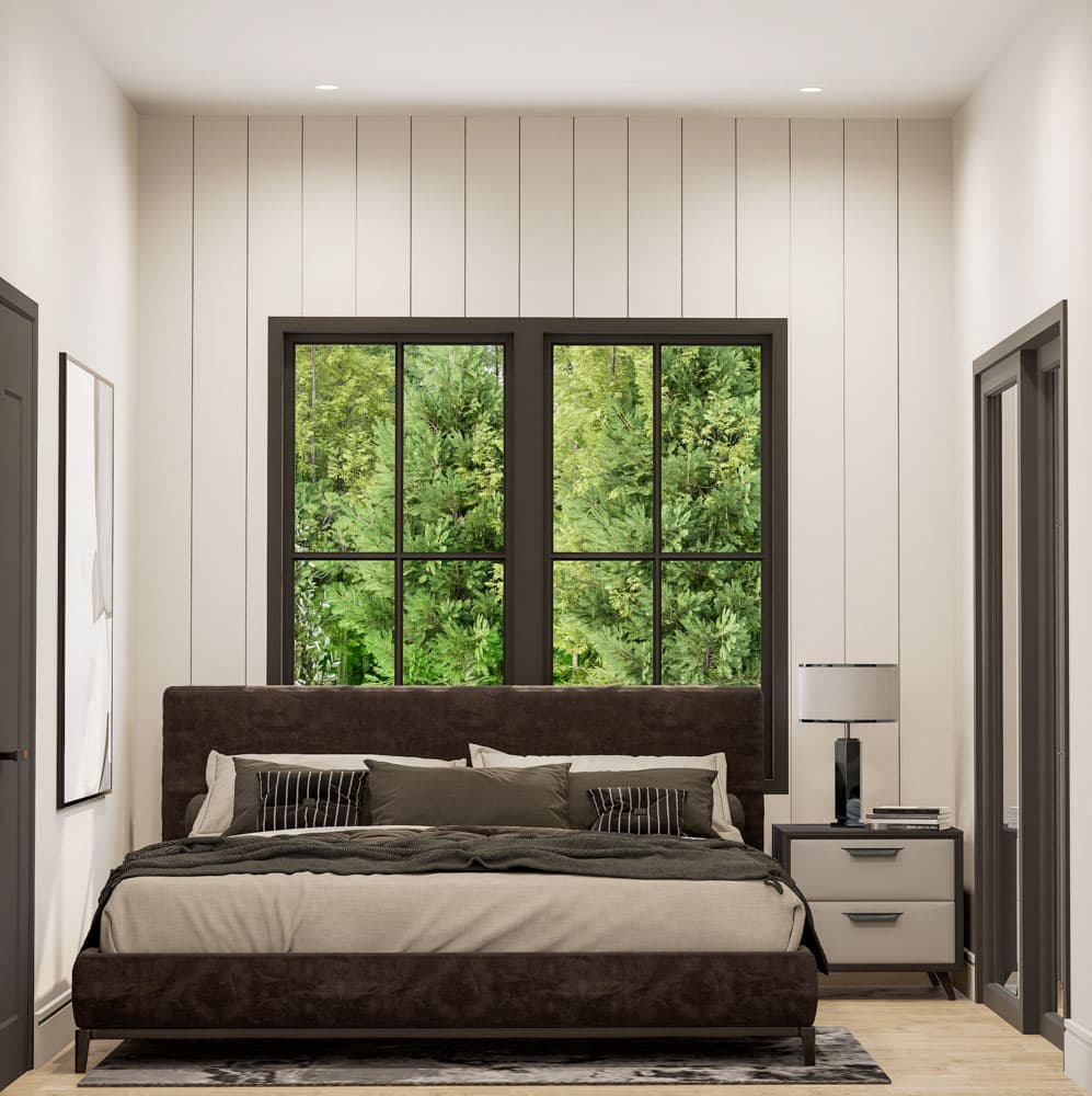 Bedroom rendering with large window, paneled wall detail, and upholstered bed frame. Includes nightstand with lamp and access to a hallway.