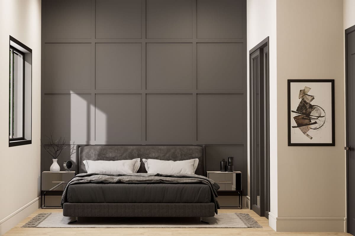 Bedroom interior rendering with paneled accent wall, upholstered bed, and artwork. Includes a window with black trim and a neutral color palette.
