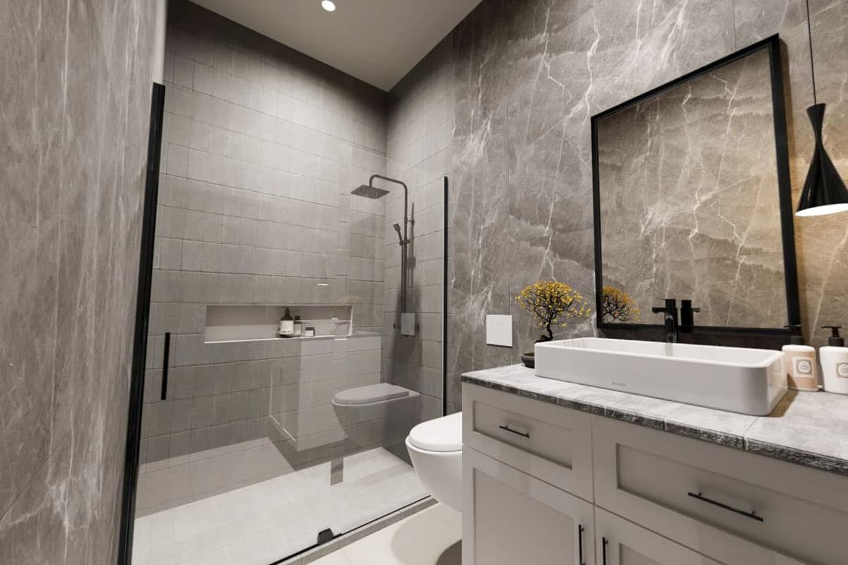 Bathroom rendering with a walk-in shower, wall-mounted faucet, rectangular sink, marble tile, and a recessed shelf.
