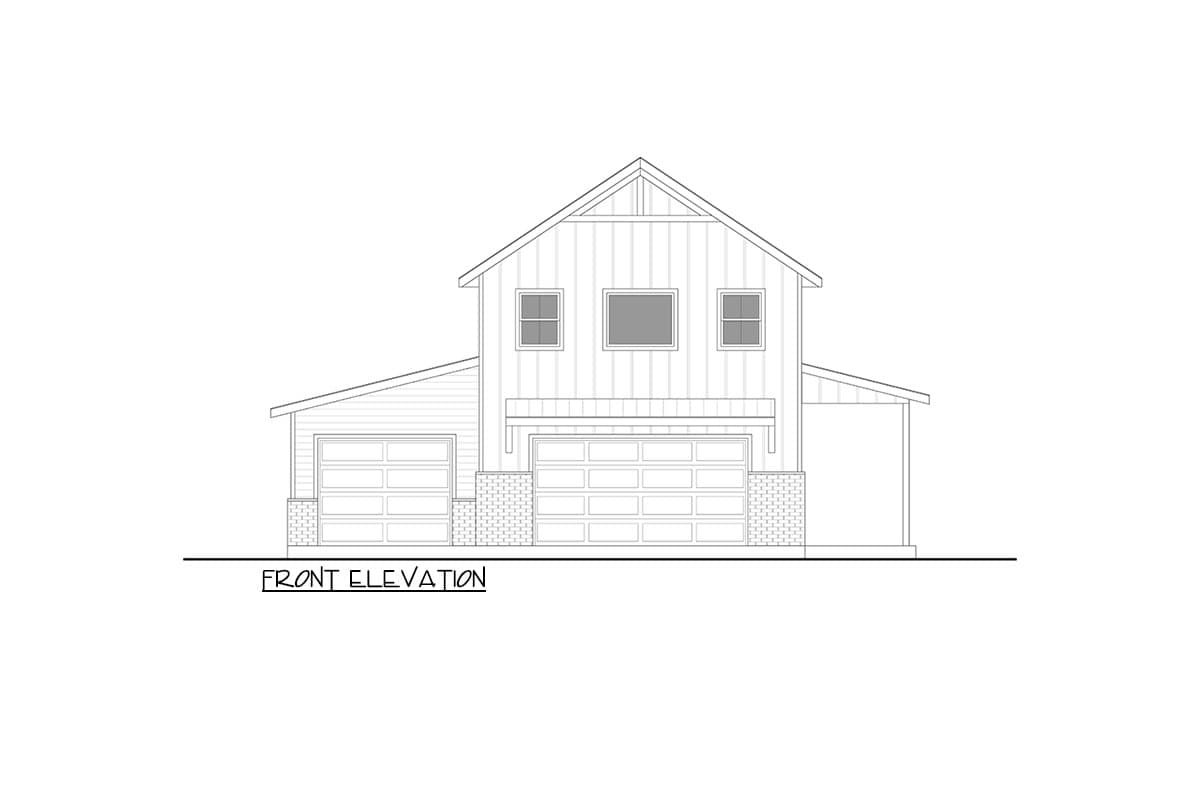 Front elevation drawing of a two-story house with a three-car garage, gabled roof, and board and batten siding.