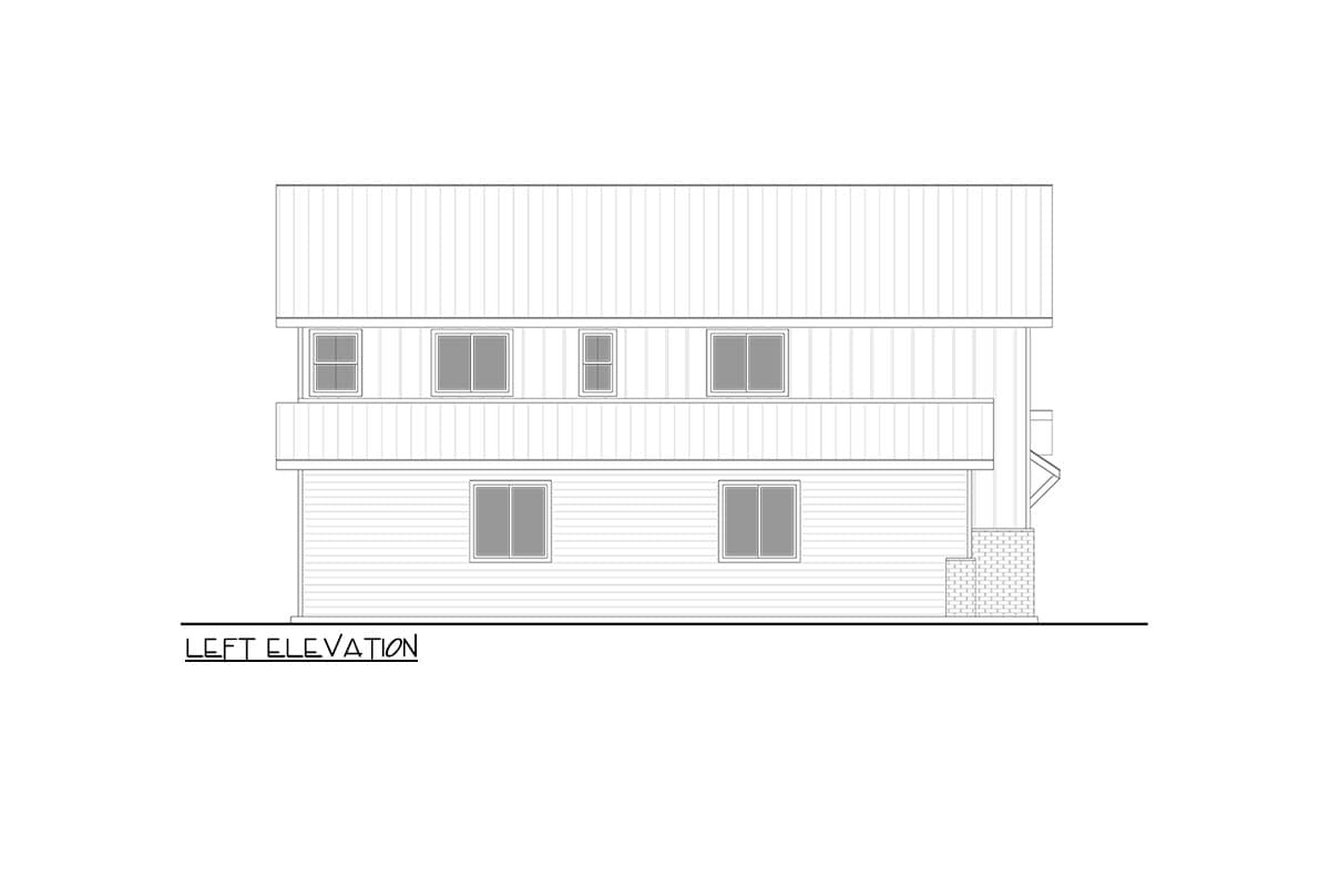 Left elevation drawing of a two-story house plan with multiple windows and a metal roof.