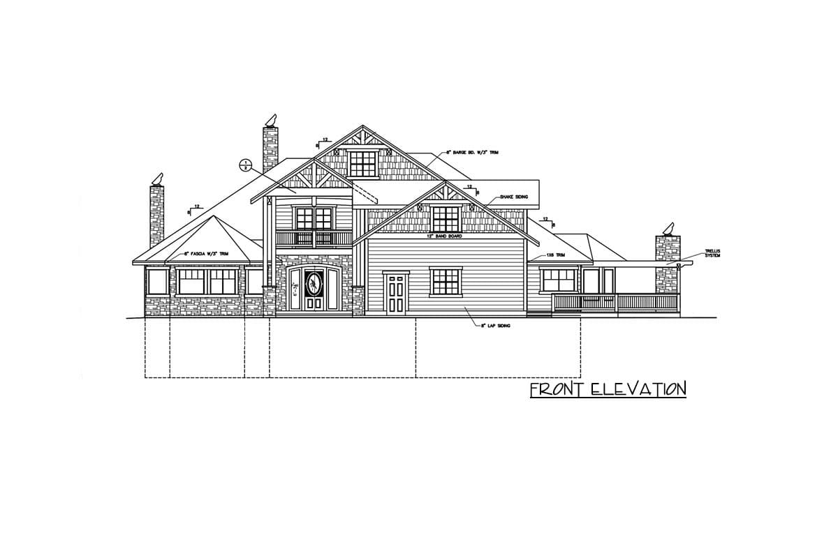 Front elevation house plan drawing showing lap siding, stone accents, multiple gables, dormers, chimneys, and a covered front porch.
