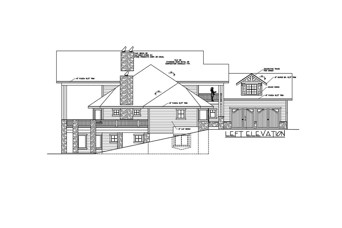 Left elevation house plan with lap siding, stone accents, gabled dormer, and a triple garage with decorative doors.