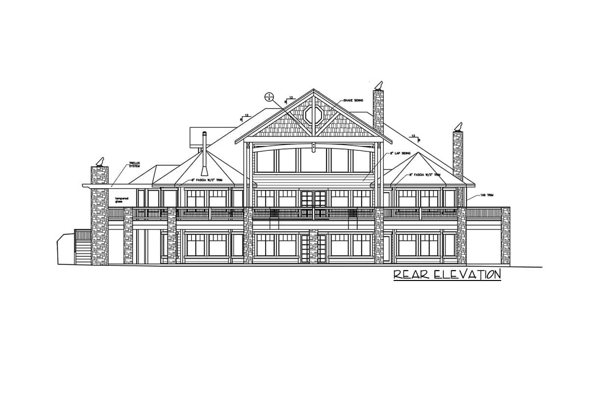 Rear elevation house plan showing multi-story home with stone accents, balconies, shake siding, and gabled roof.