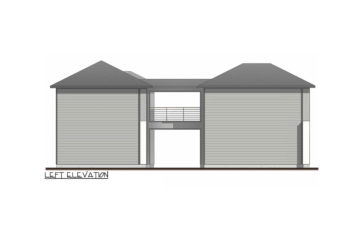 Left elevation drawing of a house with gable roofs, horizontal siding, and a connecting bridge with a railing.