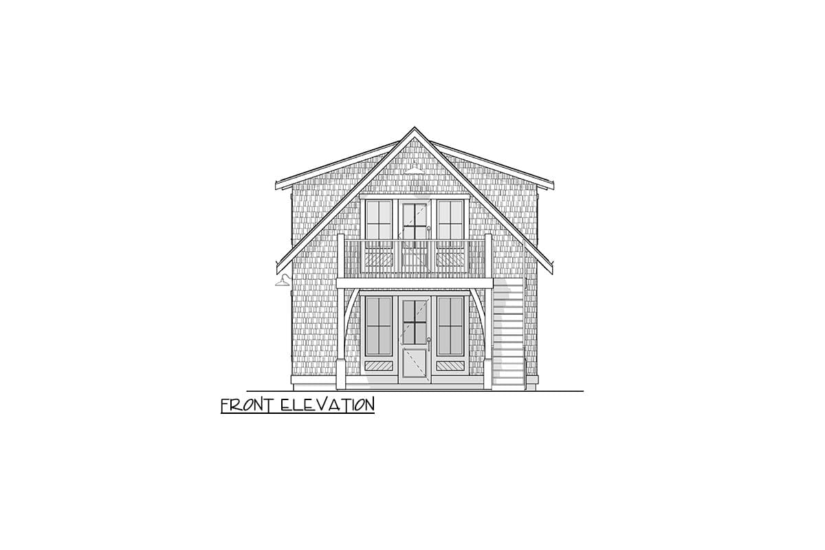 Front elevation drawing of a two-story house with shingle siding, dormers, balcony, and gabled roof.