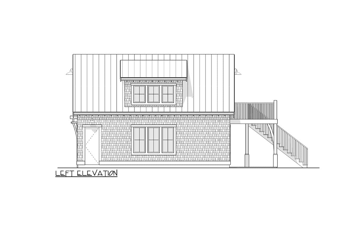Left elevation house plan drawing showing a two-story structure with shingle siding, metal roof, dormer, and elevated deck with stairs.