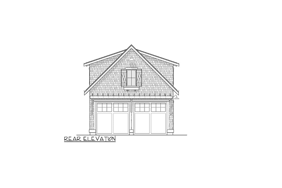Rear elevation drawing of a two-car garage with a gable roof, dormer window, and shingle siding.