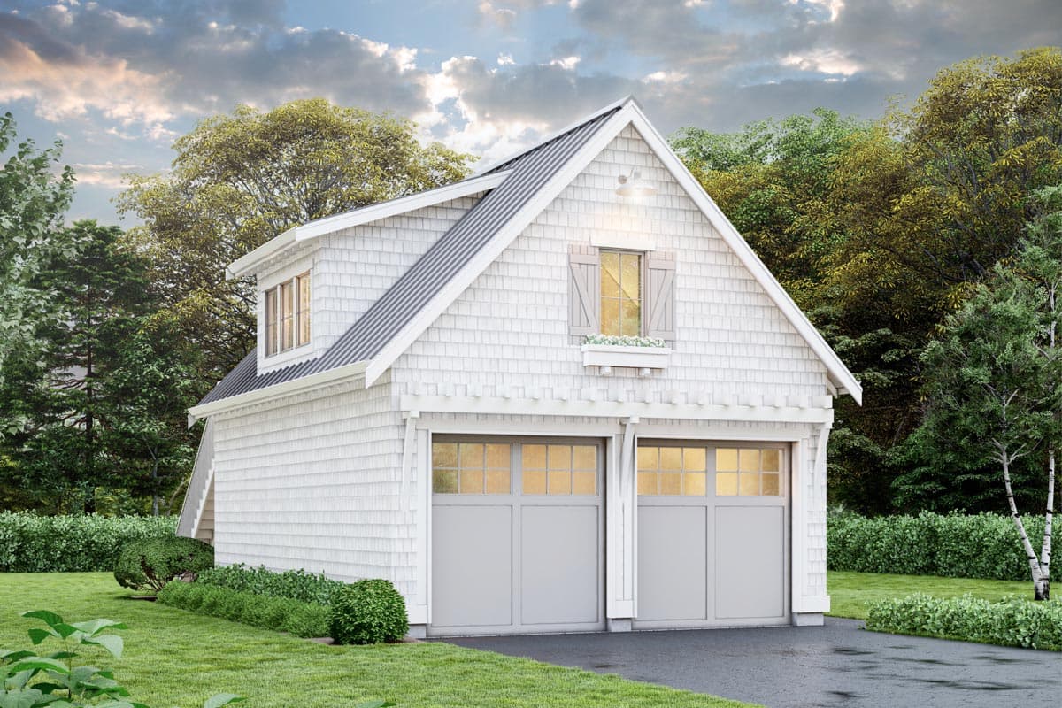 Two-story Modern Farmhouse garage plan with white cedar shake siding, metal roof, and two garage doors.