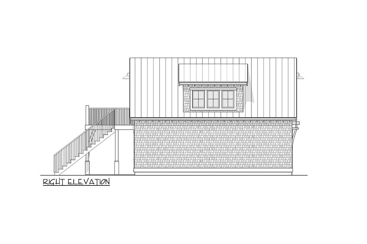 Right elevation floor plan of a house with a metal roof, double dormer, and shingled lower exterior, featuring a deck and stairs.