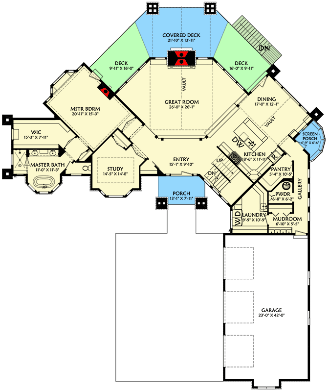 Plan 703008TYL: 5985 Square Foot 5 Bed House Plan with Finished Walkout Lower Level - Floor Plan - Main Level - Craftsman, Mountain
