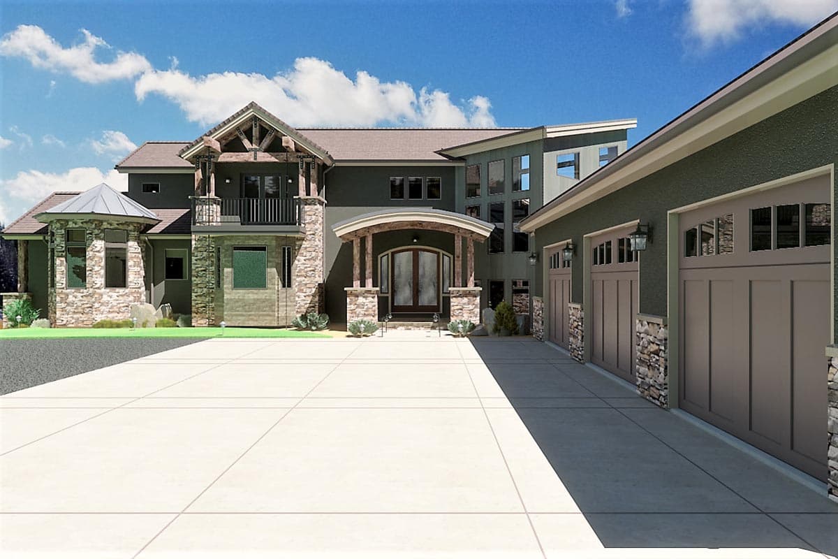 House plan exterior with stone accents, covered porch entry, multi-car garage, and a balcony. Modern design with multiple rooflines.