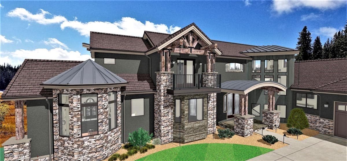House plan exterior featuring stone accents, timber framing, multiple gables, a curved entry roof, and a second-story balcony.