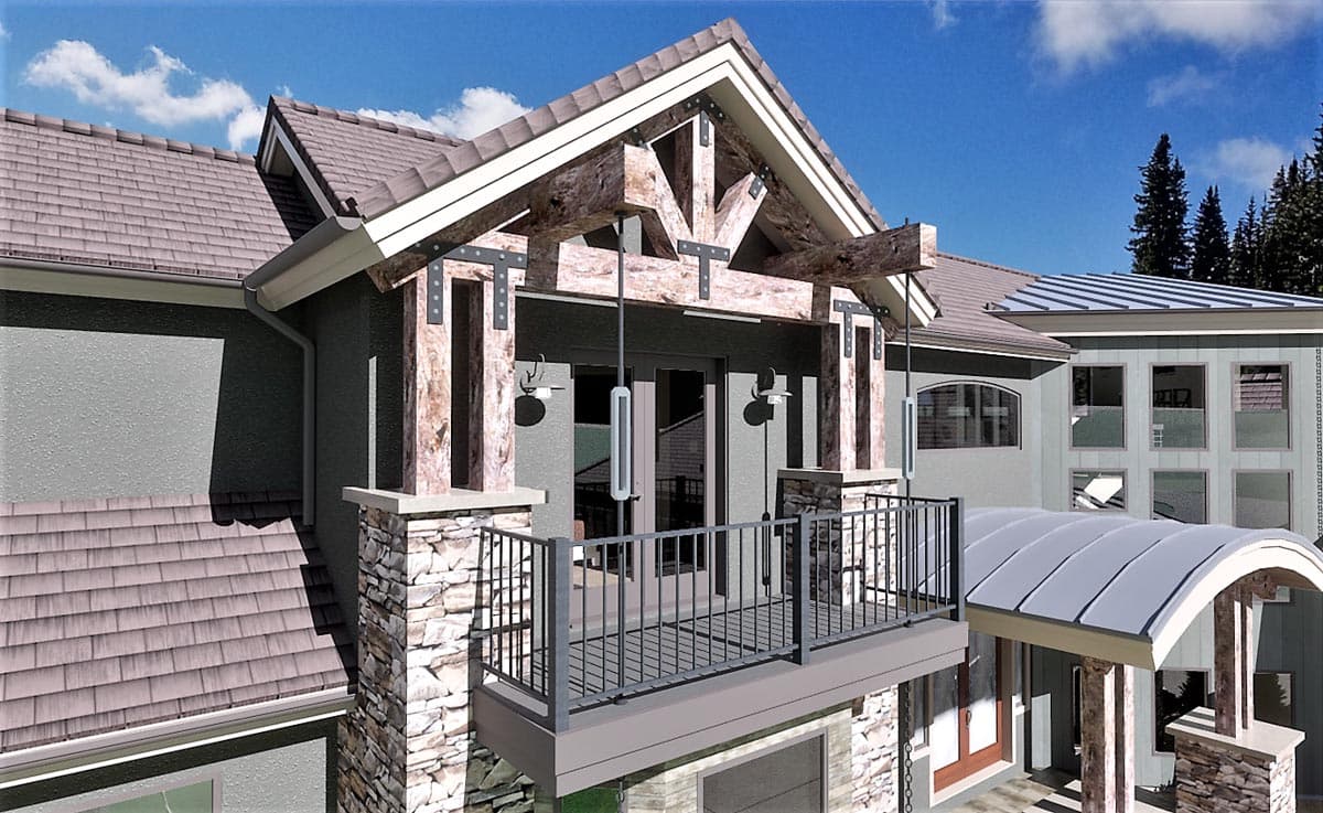 House plan exterior with stone-clad pillars, timber trusses, gabled roof with asphalt shingles, and metal awning over entry.